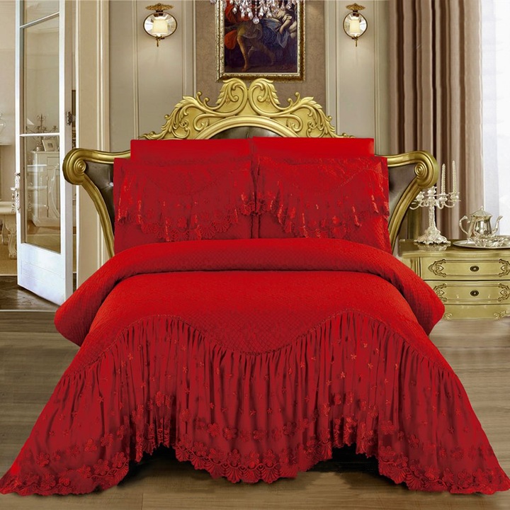 Set cuvertura cu volane si 2 fete de perna, pentru pat dublu, CVRT03, rosu, 220x280 cm