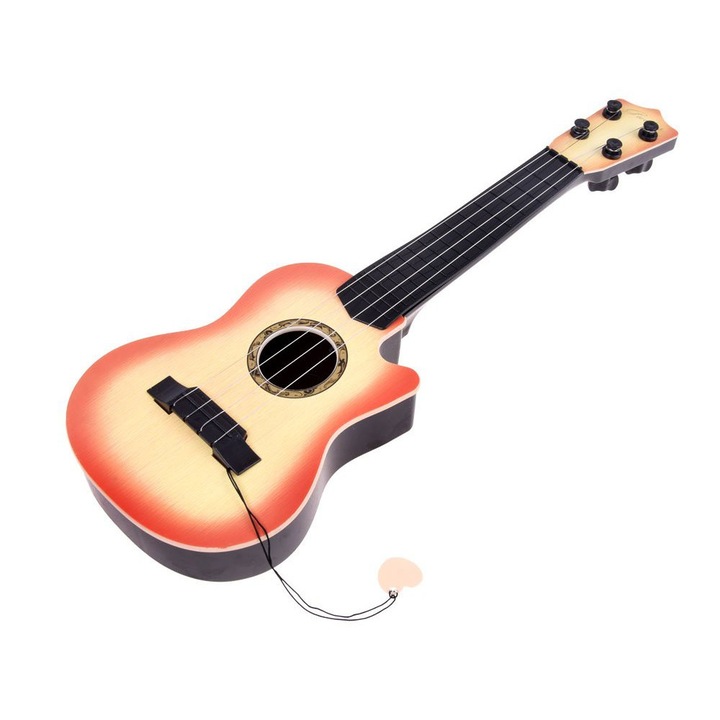 Kisméretű 4 húros gitár pengetővel világos fa mintázattal