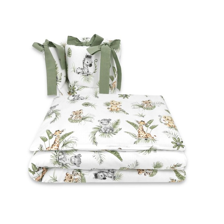 Спално бельо Qmini Safari, 3 части, С обиколник, Памучен, За кошара 120x60 см