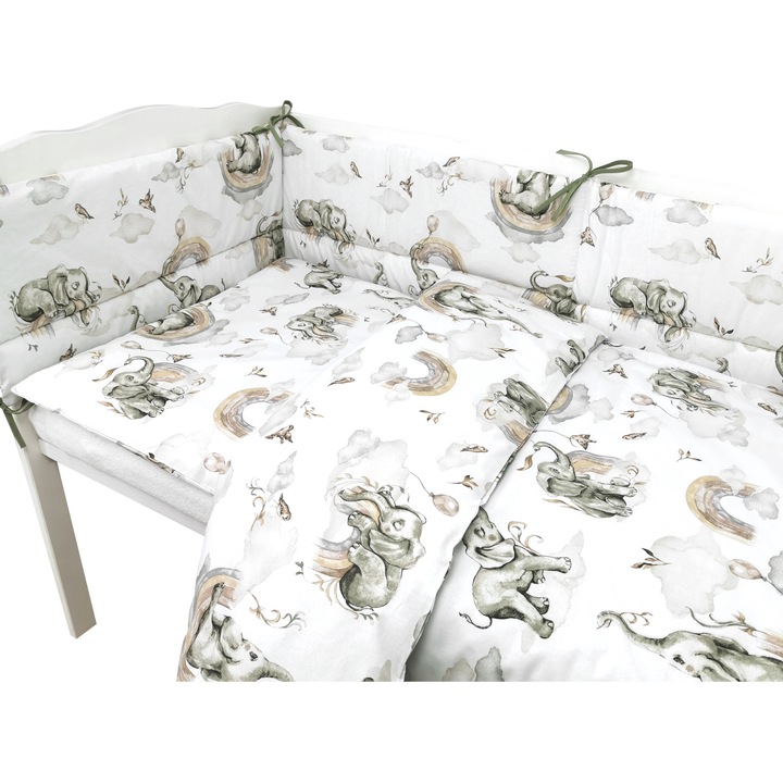 Lenjerie patut 3 piese, Qmini, Pentru patut 140x70 cm, Cu protectie laterala, Din bumbac certificat Oeko Tex Standard 100, Elephants on Rainbow
