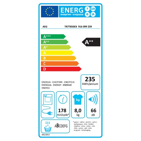 Uscator de rufe AEG Serie 7000 TR7T850EX, pompa de caldura, clasa energetica A++, 8 kg, ECO Lavatherm, alb