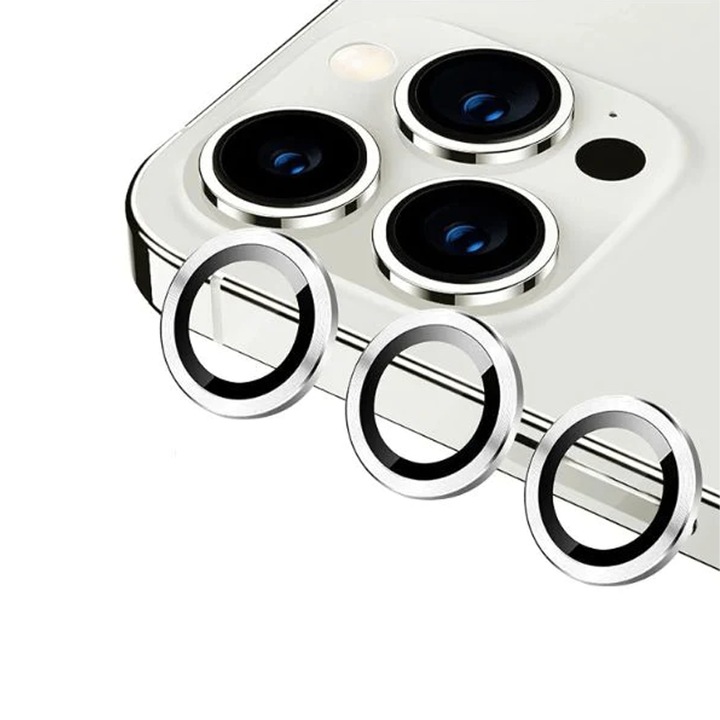 Apple Iphone 15 Pro / 15 Pro Max, 9H biztonsági üveggel, karcmentes, ütésálló, fémvédő, könnyű felvitel, ezüst színű védőkamera lencsekészlet kompatibilis