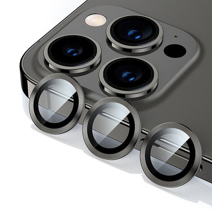Комплект защитни лещи за камера, съвместим с Apple Iphone 15 Pro / 15 Pro Max, 9H защитно стъкло, против надраскване, удароустойчив, метален протектор, лесно нанасяне, черен