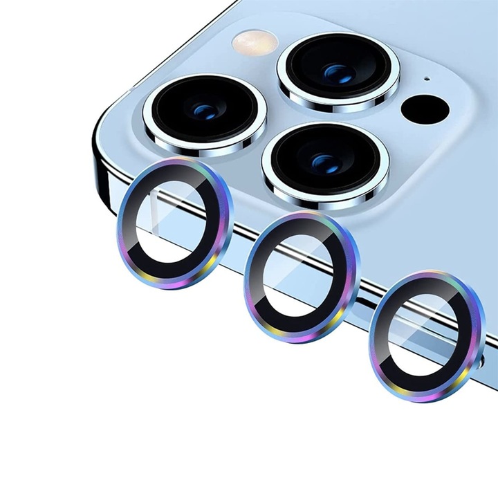 Комплект защитни лещи за камера, съвместими с Apple Iphone 15 Pro / 15 Pro Max, 9H защитно стъкло, против надраскване, удароустойчив, метален протектор, лесно приложение, дъга