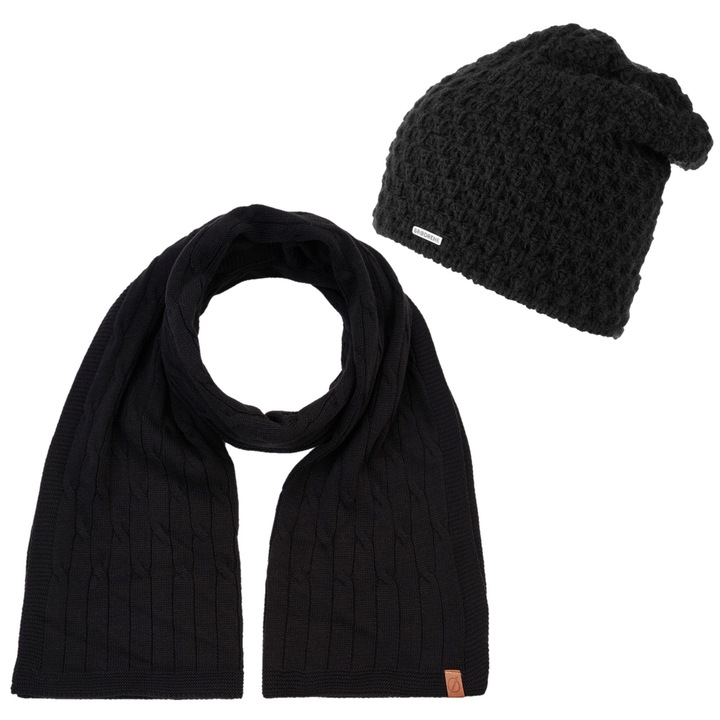 Set caciula + fular dama, Brodrene, Acril, Circumferinta 55-58 cm, Fular 170 x 40 cm, Negru