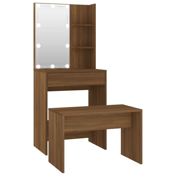 Комплект тоалетка със стол Zakito Europe, LED осветление, дъб кафяв, 60x40x140 см