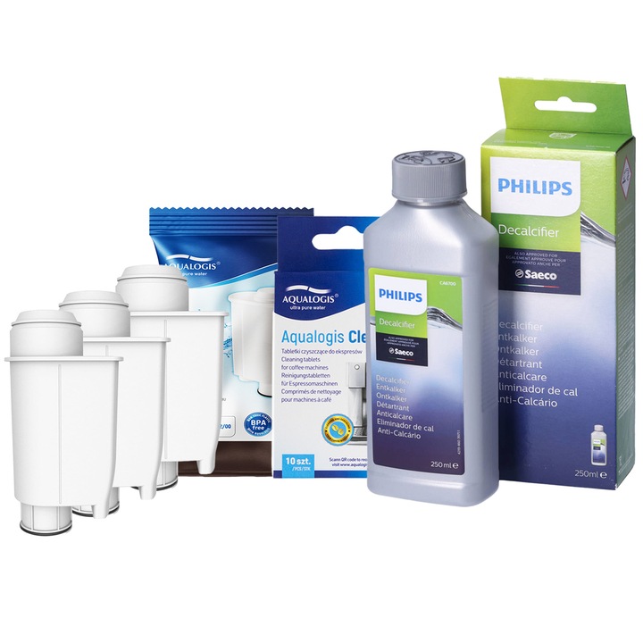 Kit de intretinere pentru espressor Philips CA6700/10 – 3 x Filtru apa Aqualogis AL-Inte, 10 x Tablete curatare Cleaneo, Solutie decalcifiere 250 ml, compatibilitate multipla, curatare completa si protectie anti-calcar