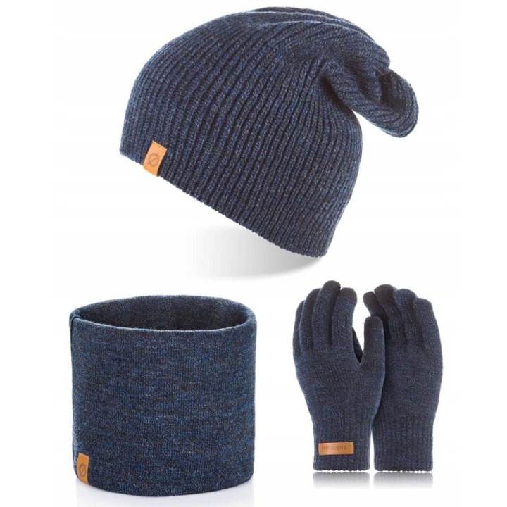 Set caciula cu fular si manusi barbati Brodrene, Acril, Albastru inchis