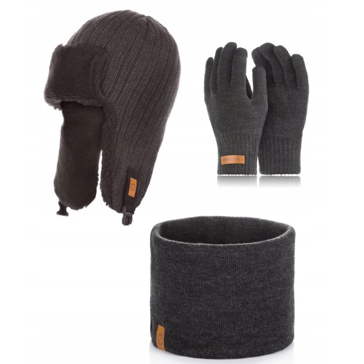 Set caciula cu fular si manusi barbati Brodrene, Acril, Gri inchis