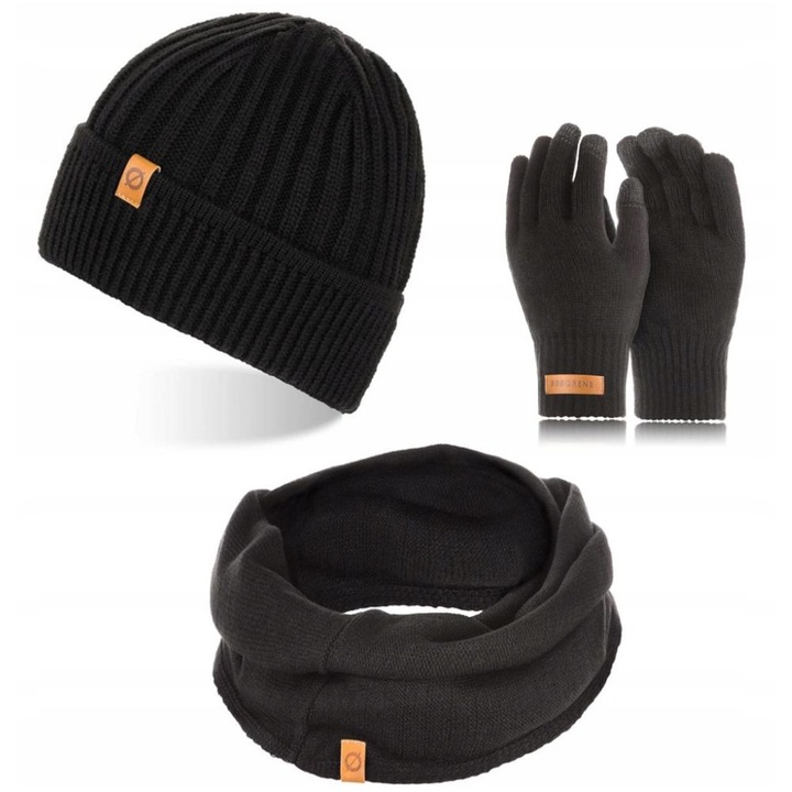 Set caciula cu fular si manusi barbati Brodrene, Acril, Negru