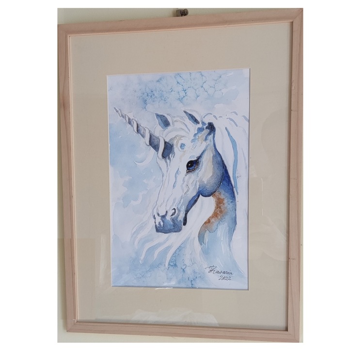 Tablou - Unicorn, realizat in 2022, acuarela pe hartie A4, inramat, 32 x 42 cm