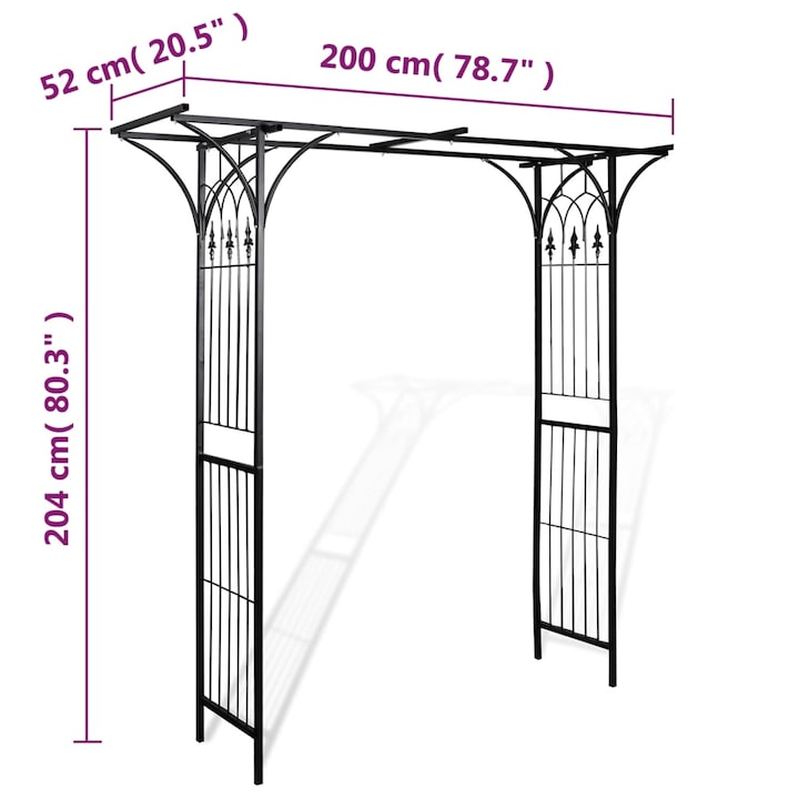 Pergola de gradina, vidaXL, Fier, Negru, 200 x 52 x 204 cm