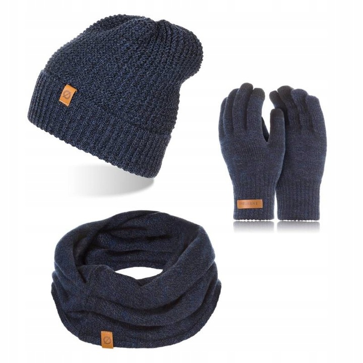 Set caciula cu fular si manusi barbati Brodrene, Acril, Albastru inchis