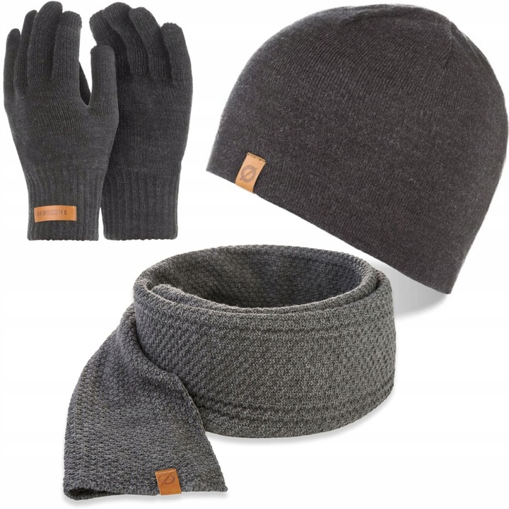 Set caciula, manusi si fular barbati, Brodrene, Acril, Dimensiune universala, Gri