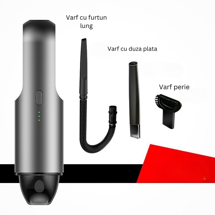 Mini Aspirator Auto Portabil, Elindor®, de Mana, Fara Fir 5000 PA, Baterie 65W, 36000RPM, 3 Accesorii pentru Aspirare si Suflare, Filtru HEPA Reutilizabil, Aspirator Mic pentru Masina, Casa, Birou, Semi-Profesional, 28x7.2 cm, Gri