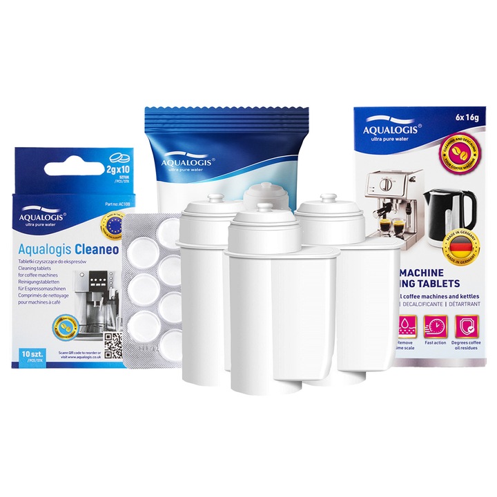 Kit de intretinere pentru espressor, Aqualogis, 3 x Filtru apa AL-Inte, 10 x Tablete curatare Cleaneo, 6 x Tablete decalcifiere