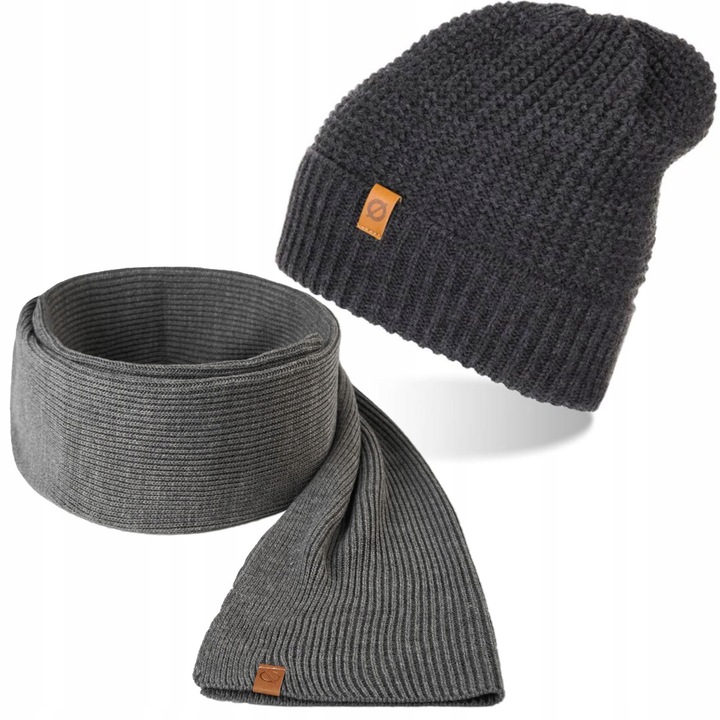 Set caciula si fular barbati, Brodrene, Acril, Dimensiune universala, Gri inchis