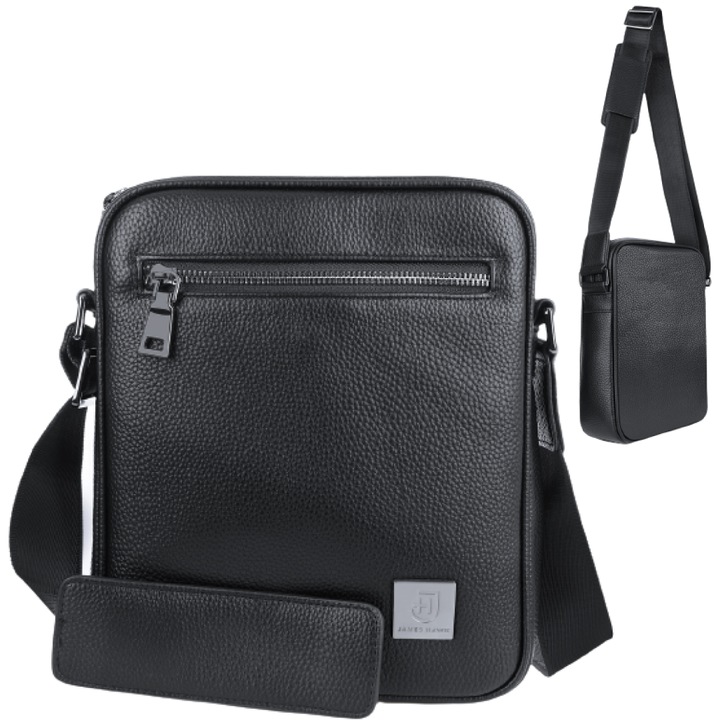 Borseta barbateasca de umar, James Hawk, Din piele ecologica, Negru, 26x21x7cm