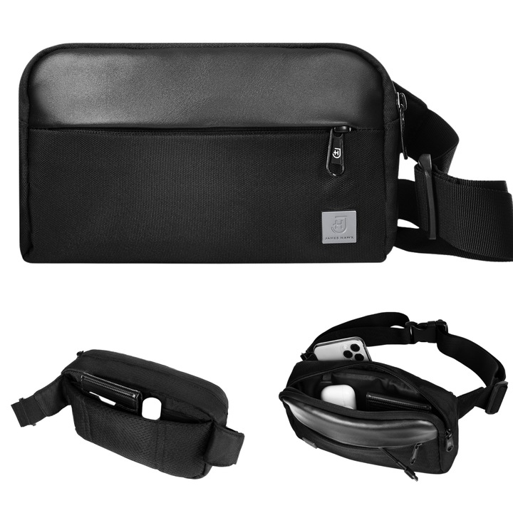 Geanta crossbody, James Hawk, de umar sau de centura, piele ecologica, Negru, 23x15x7cm