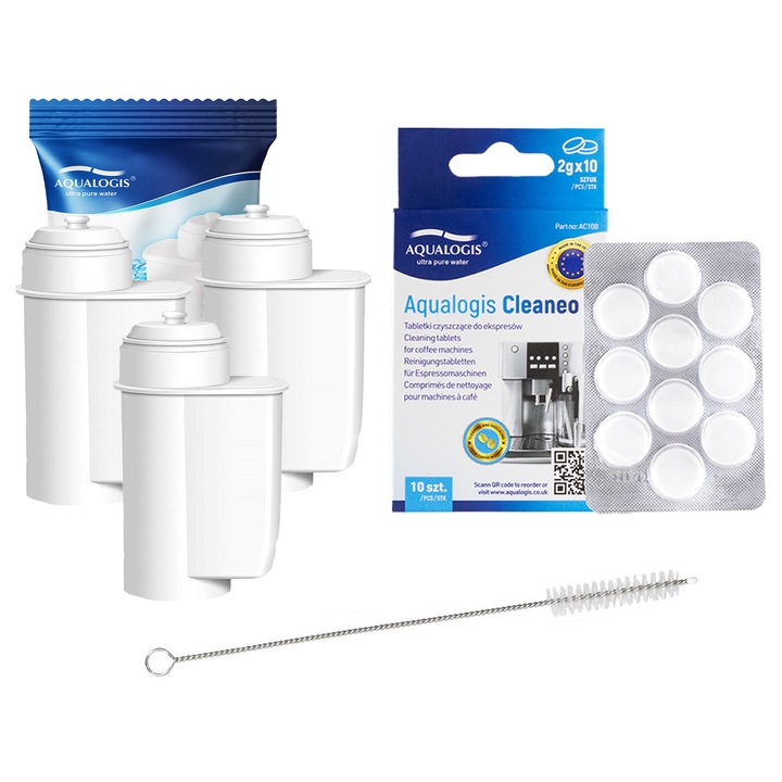 Kit de intretinere pentru espressor Siemens, Aqualogis, 3 x Filtru apa AL-Inte, 10 x Tablete curatare Cleaneo, Perie AQ-676
