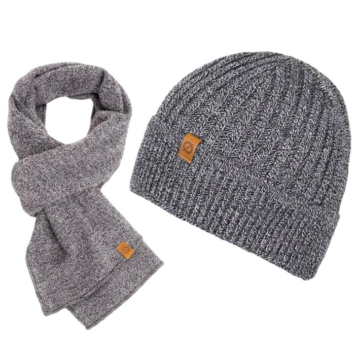 Set caciula + fular barbati, Brodrene, Acril, Circumferinta 56-60 cm, Fular 150 x 40 cm, Gri deschis