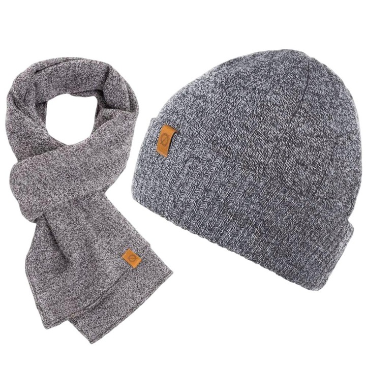 Set caciula + fular barbati, Brodrene, Acril, Circumferinta 56-60 cm, Fular 150 x 40 cm, Gri deschis