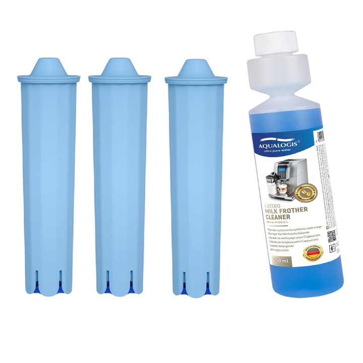 Kit intretinere pentru espressor Jura, Aqualogis, 3 x Filtru AL-Blue, Solutie curatare mecanism lapte Latteo 250 ml