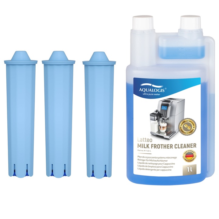 Kit intretinere pentru espressor Jura, Aqualogis, 3 x Filtru AL-Blue, Solutie curatare mecanism lapte Latteo 1 L