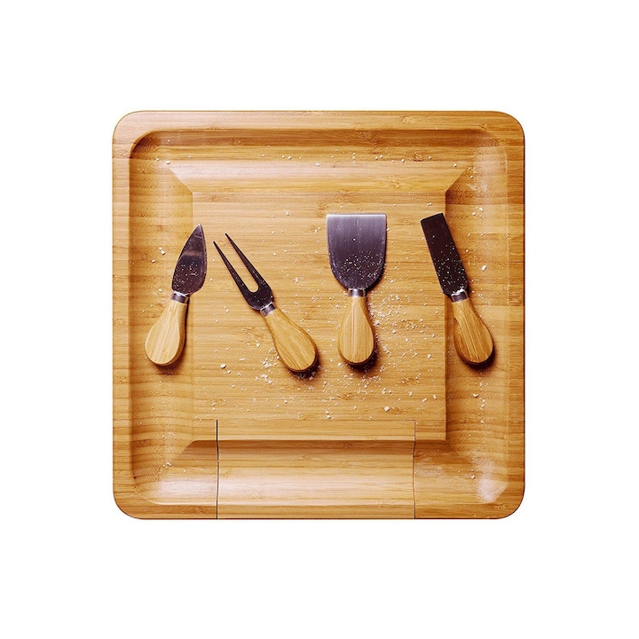 Комплект бамбуково плато и 4 специални ножа за сервиране на сирена, Кафяв, 33x33x3,8 см