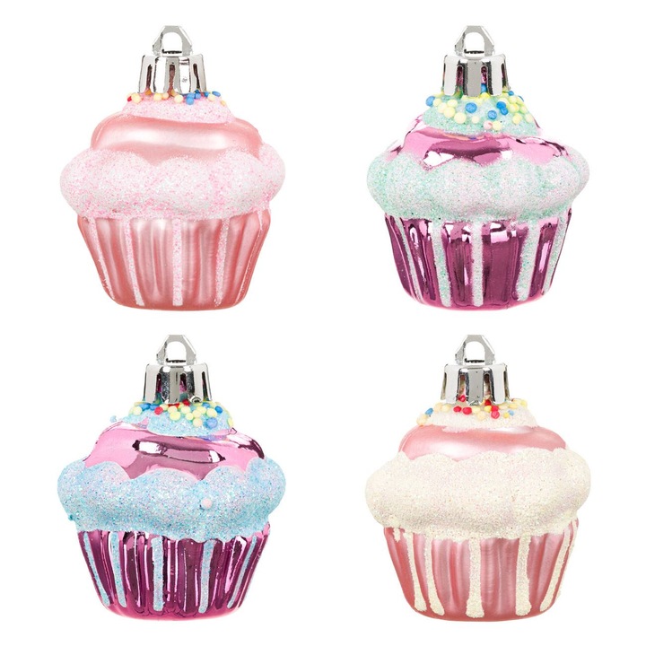 Set 4 ornamente brad de Craciun Shopiens®, in forma de Cupcake Mov Roz cu aspect glitter, 5.5 cm