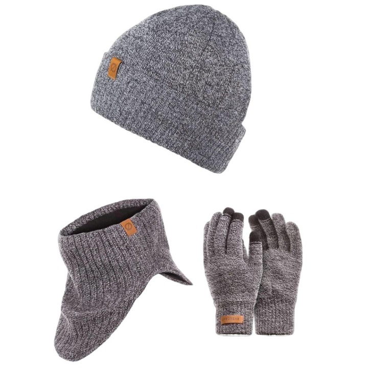 Set 3 in 1 barbati, Brodrene, Caciula + fular tip guler + manusi, Acril, Circumferinta 56-60 cm, Gri deschis