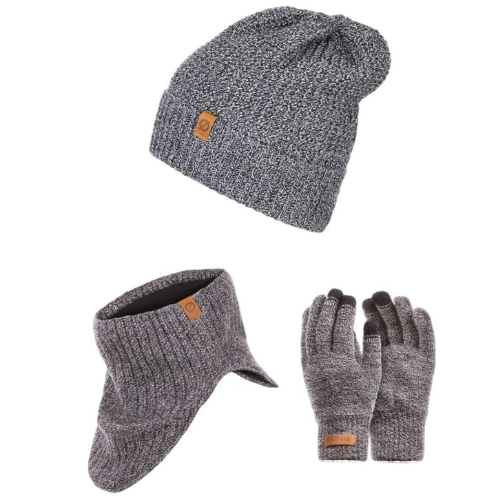 Set 3 in 1 barbati, Brodrene, Caciula + fular tip guler + manusi, Acril, Circumferinta 56-60 cm, Gri deschis