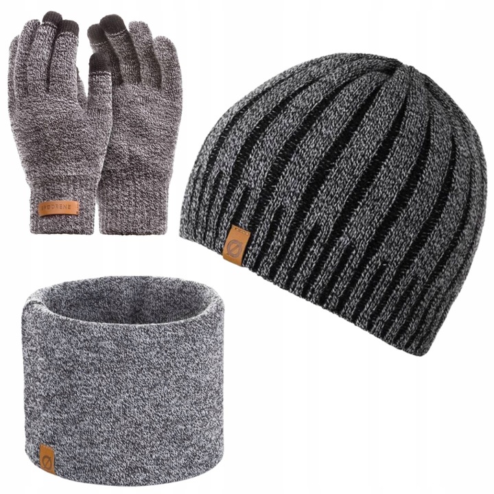 Set 3 in 1 barbati, Brodrene, Caciula + fular tip guler + manusi, Acril, Circumferinta 56-60 cm, Gri deschis