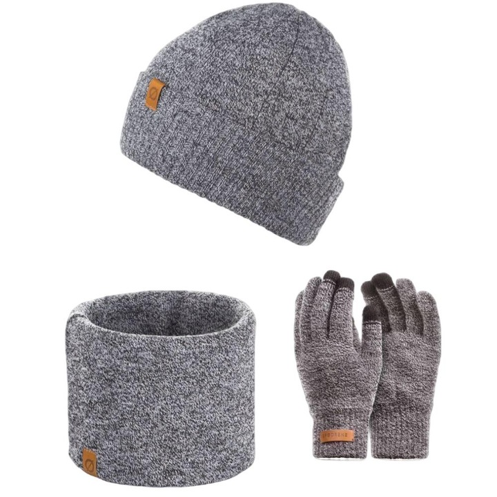 Set 3 in 1 barbati, Brodrene, Caciula + fular tip guler + manusi, Acril, Circumferinta 56-60 cm, Gri deschis