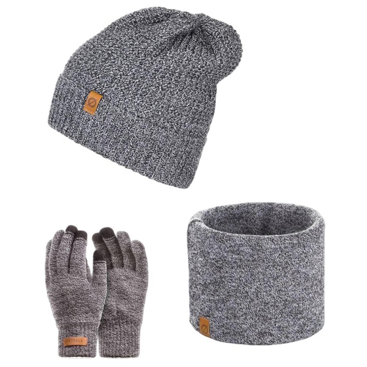 Set 3 in 1 barbati, Brodrene, Caciula + fular tip guler + manusi, Acril, Circumferinta 56-60 cm, Gri deschis