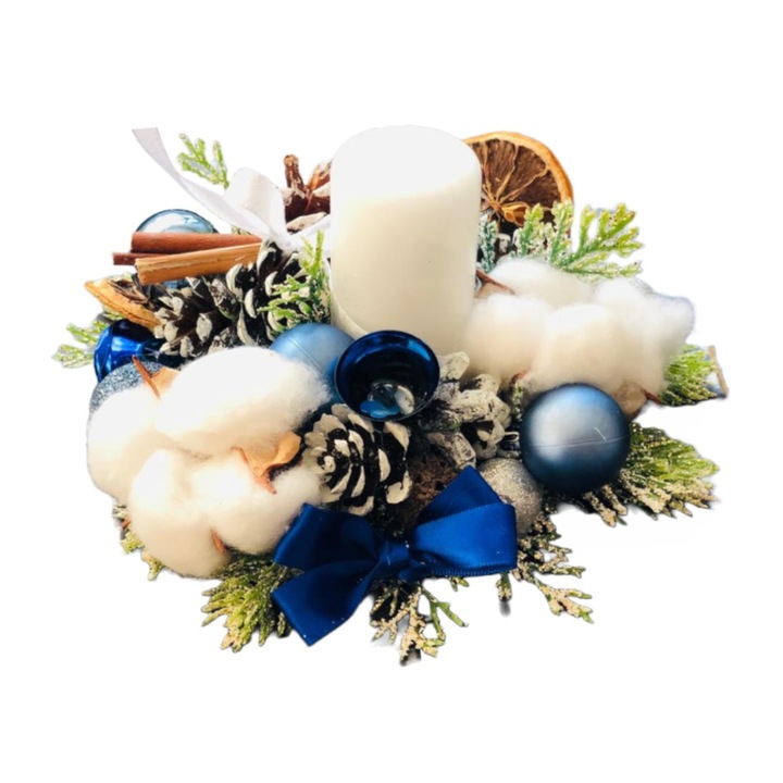 Karácsonyi asztali dísz, műfa, gömbök, kék masni, gyertya, dekoráció, 16 cm