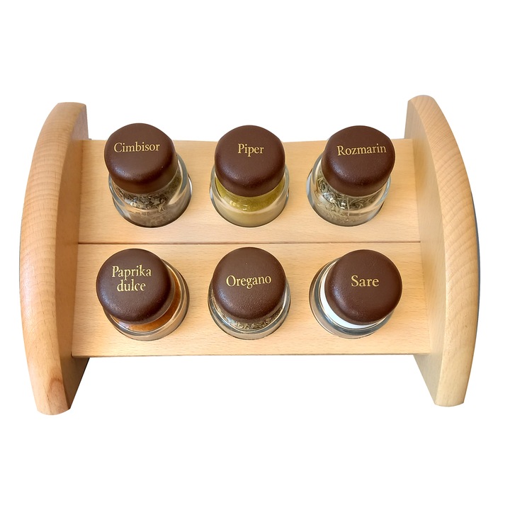 Set 6 Recipiente Condimente, Suport Din Lemn, Natur, 22x12 cm