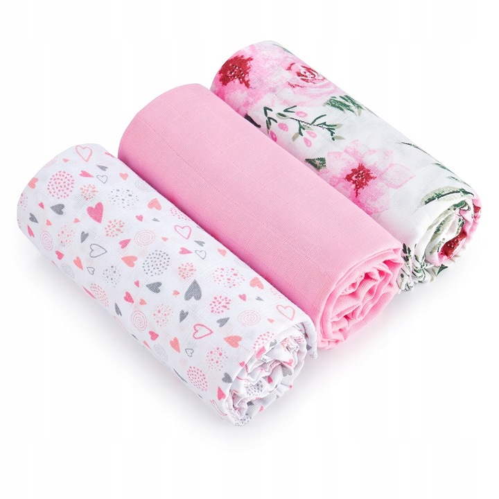Комплект 3 бебешки муселинени пелени, BabyBoom, 70 x 80 см, Розов/Сив