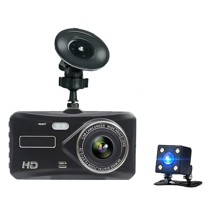 Комплект видеорегистратор и камера за задно виждане Kynexi, 4 инчов сензорен екран, Нощен режим, Зарядно, Държач за предно стъкло, Черен