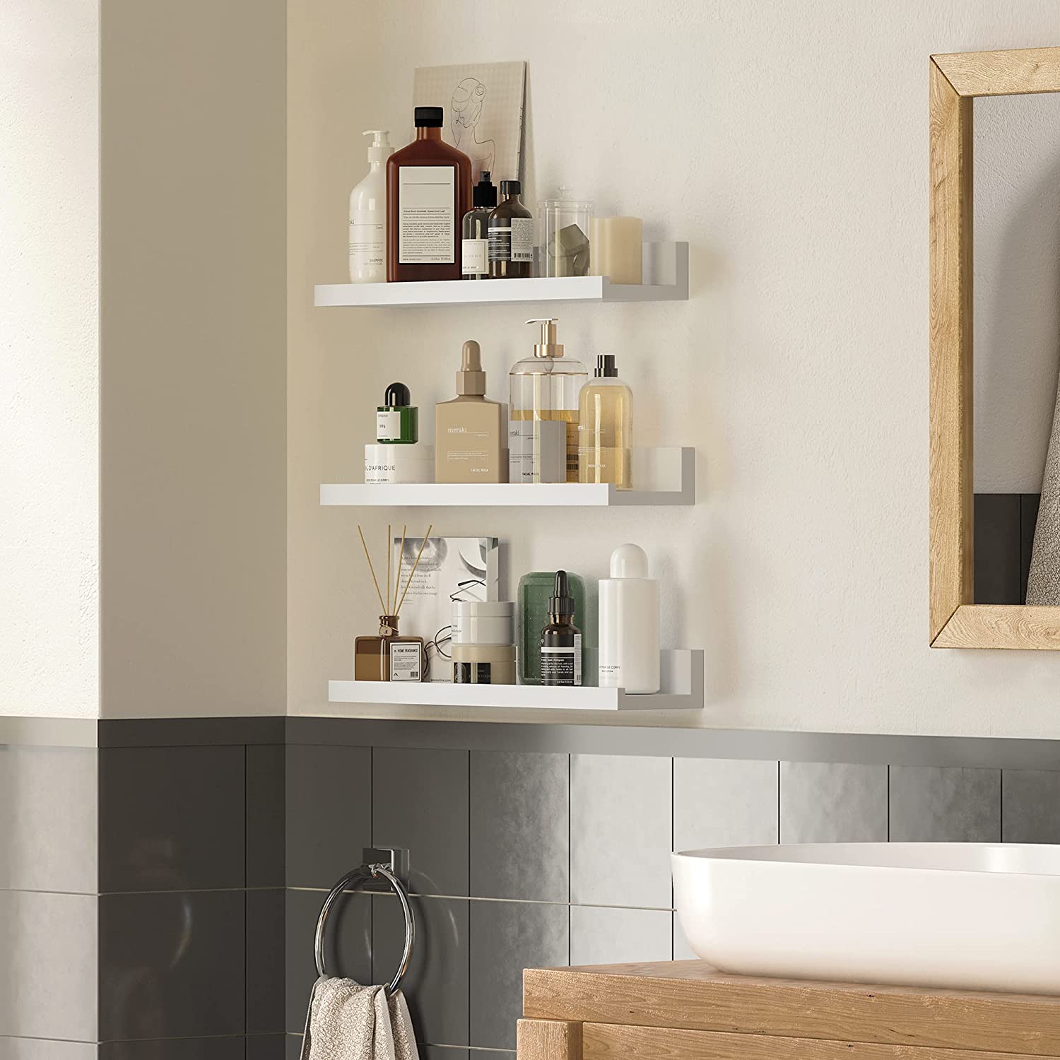 Set de 3 rafturi de perete din lemn prelucrat, finisaj lucios, lungime ...