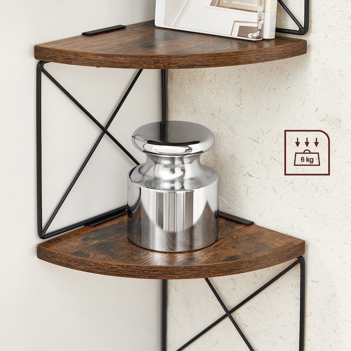VASAGLE Raft de perete pentru colt, cadru otel cu 5 etaje din MDF, 20x20x128cm, maro rustic si negru