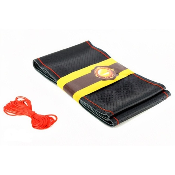 Калъф за волан IdealStore с кожена игла и конец с отвори размер M Черен цвят с червени шевове, PREMIUM