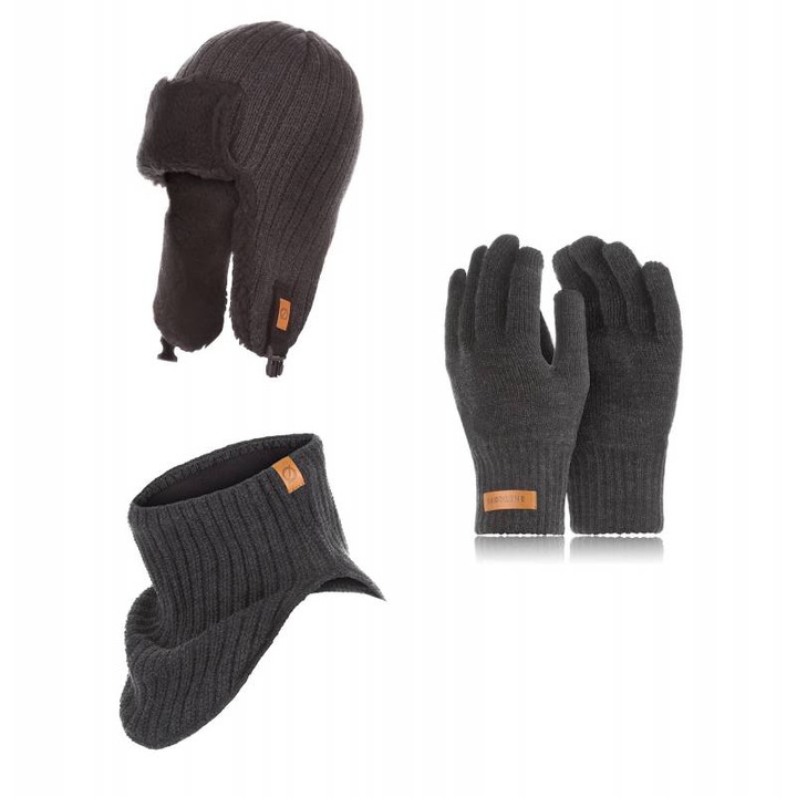 Set caciula cu fular si manusi barbati Brodrene, Acril, Gri inchis