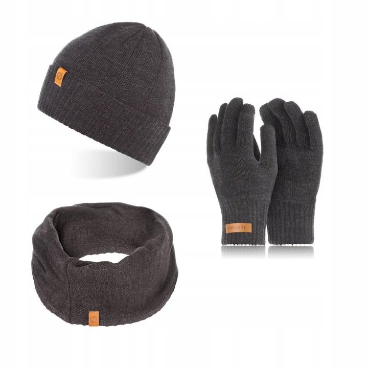 Set caciula cu fular si manusi barbati Brodrene, Acril, Gri inchis
