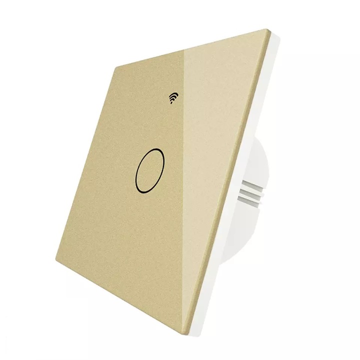 Intrerupator smart, WiFi, cu touch, cu nul, 1 canal, compatibil TuyaSmart, SmartLife, Google Home, Amazon Alexa, Culoare gold, panou frontal din sticla