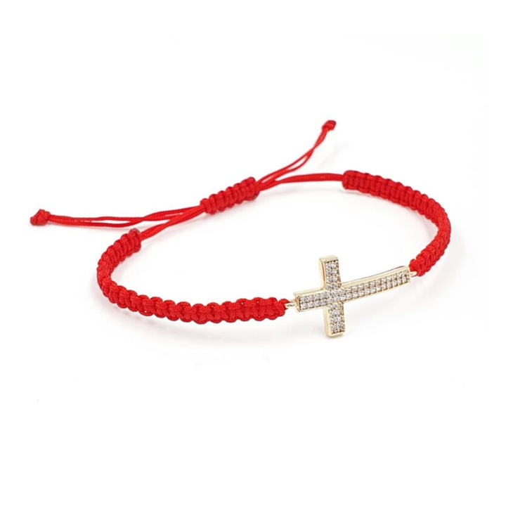 Bratara snur, din aur 14K, Model tip cruce si pietre, Rosu