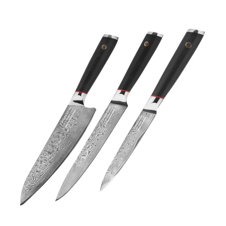 Set cutite Krasino Yamada, otel damasc, HRC 60, cutitul bucatarului, cutit feliere, cutit universal