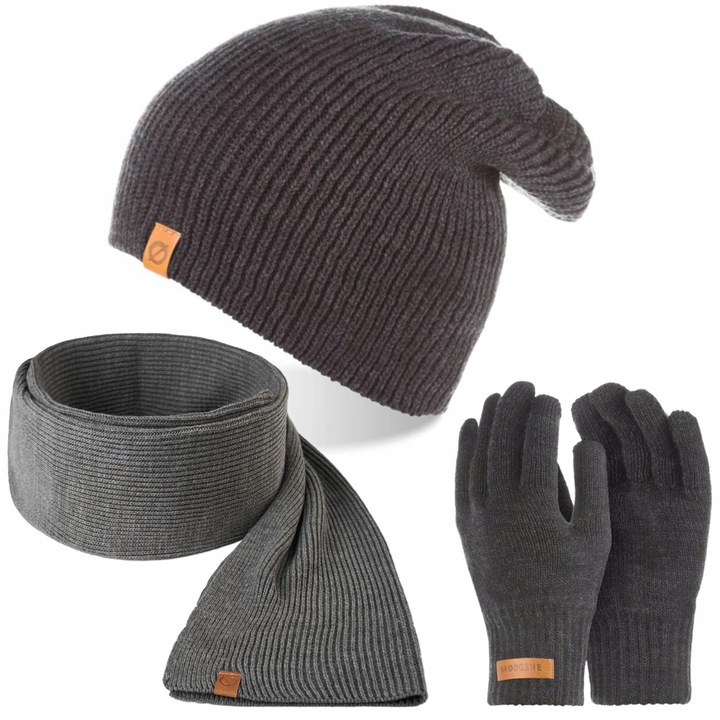 Set caciula cu fular si manusi barbati Brodrene, Acril, Gri inchis