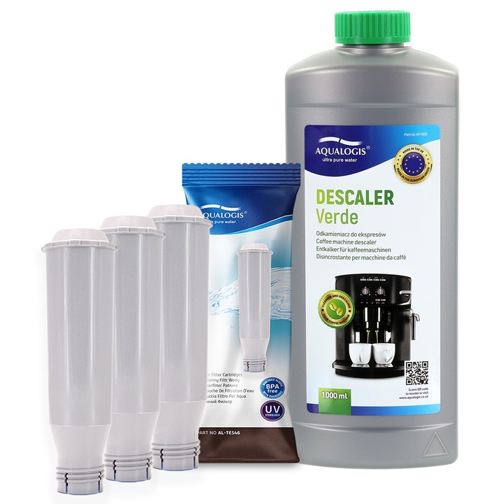 Kit intretinere pentru espressor Aqualogis – 3 x Filtru apa AL-TES46, Solutie decalcifiere Verde 750 ml, compatibilitate multipla, reducere eficienta a calcarului, curatare completa si mentinerea gustului optim al cafelei