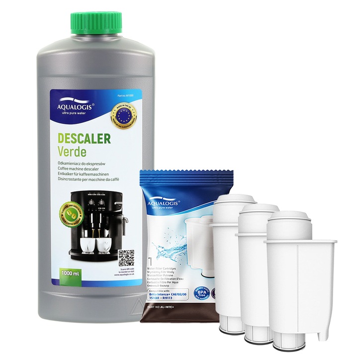 Kit intretinere pentru espressor Philips – Aqualogis, 3 x Filtru apa AL-Inte, Solutie decalcifiere Verde 750 ml, compatibilitate larga, protectie anti-calcar, curatare eficienta si mentinerea gustului optim al cafelei